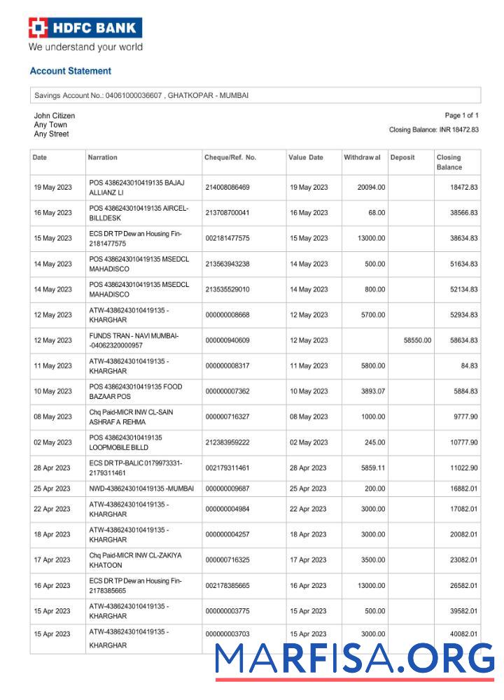 Downloadable India HDFC bank statement word template